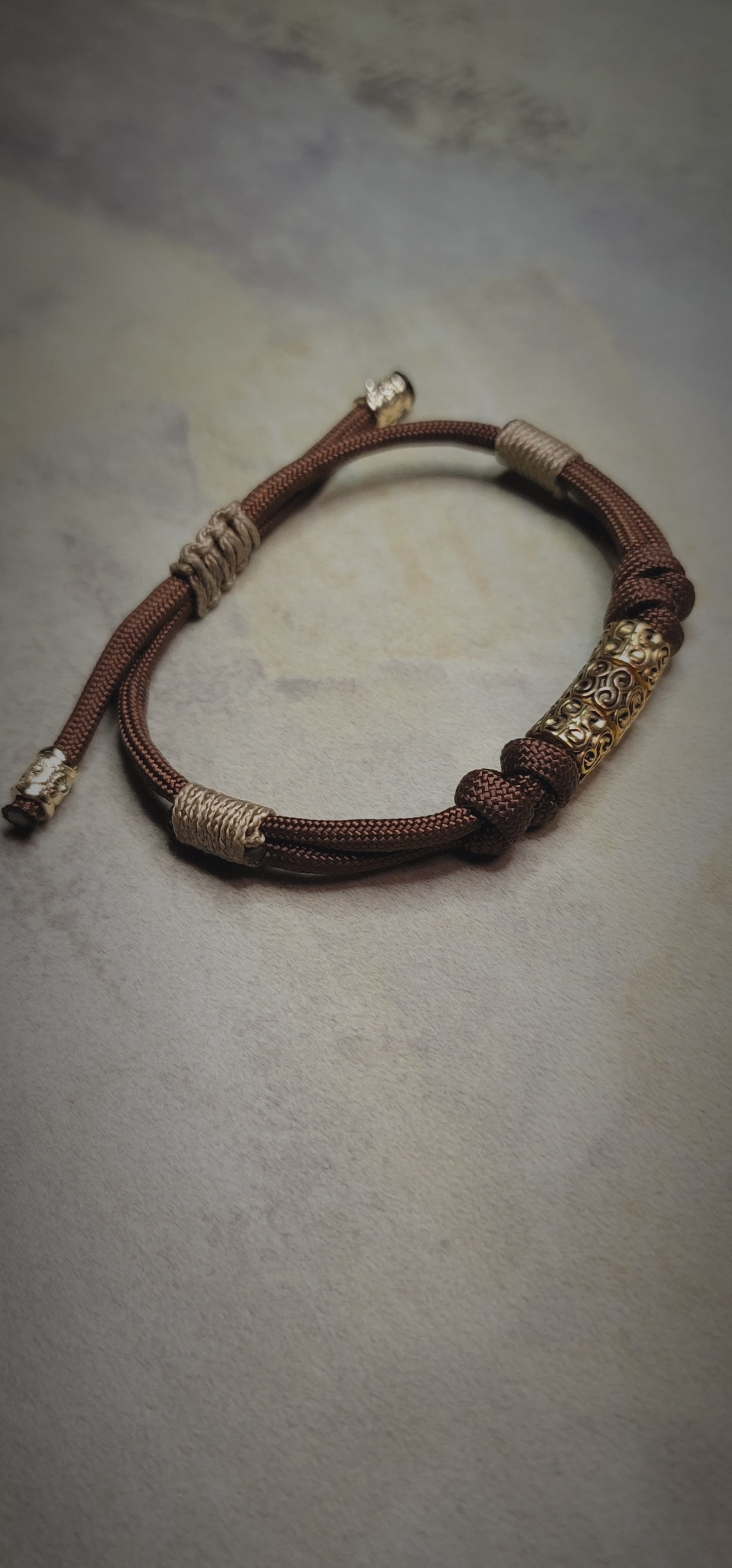 Stoic Adjustable Bracelet 4mm in Brown with Gold Beads an 14Kt Gold Accents