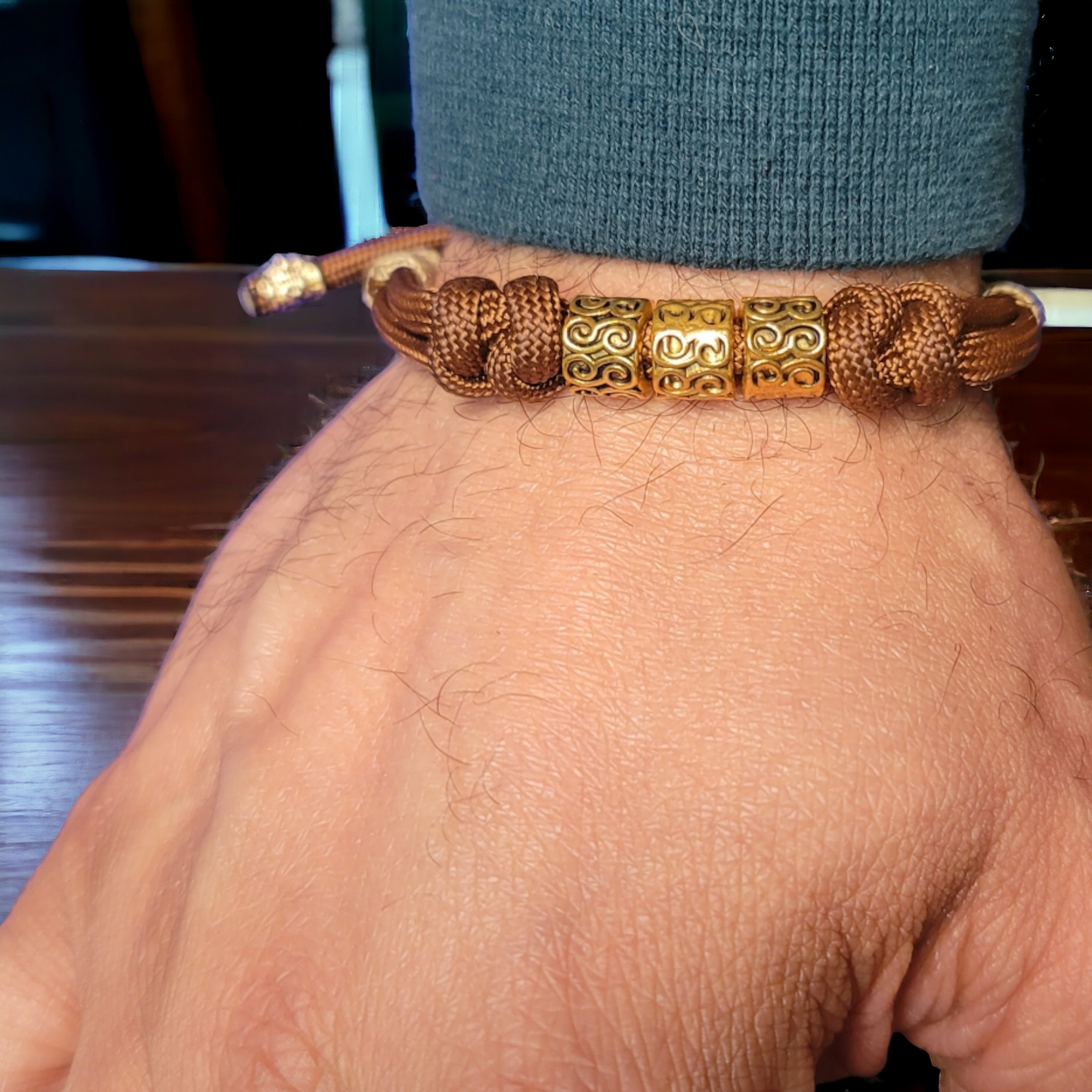 Stoic Adjustable Bracelet 4mm in Brown with Gold Beads an 14Kt Gold Accents